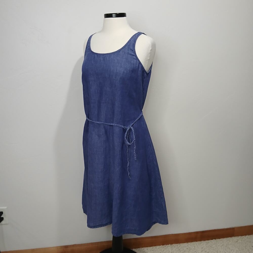 Eileen Fisher Linen Dress Size Small Blue Sleeveless Strappy Tie Waist Fit Flare - Picture 3 of 16
